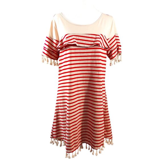 Umgee Dresses & Skirts - Umgee, Dress, Size Large, Red and Tan Stripes, with Ruffle and Tassel Accents
